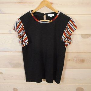 THML Women's Size M Short Sleeve Shirt Embroidered Neckline Boho Cotton